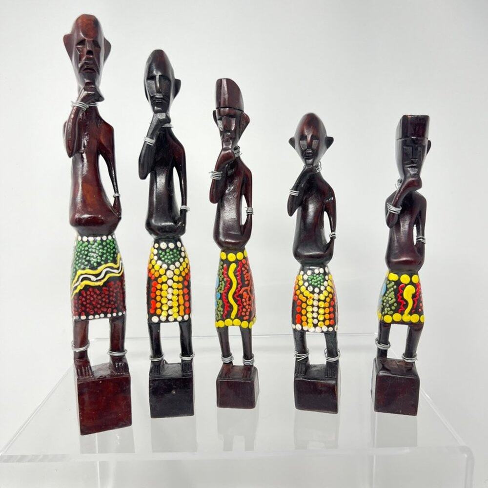 Set of 5 Vintage African Tribal Wood Figurines Sculptures Art Decor Hand-Carved